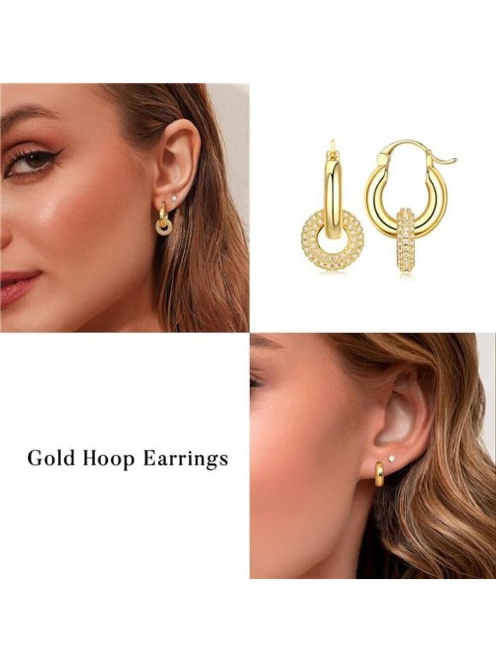 3 Pairs 14K Gold Plated Stackable Earrings Set Huggie Hoop Earrings - Picture 6 of 7